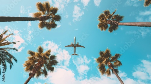 A dramatic depiction of an airplane flying directly overhead, framed by towering palm trees and a brilliant blue sky with scattered clouds, evoking a sense of adventure and exploration. photo