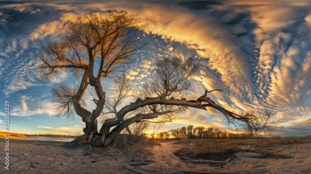 A majestic tree stands boldly under a dynamic sky painted with golden sunset hues, creating a dramatic landscape scene that emphasizes nature's beauty and tranquility. A majestic tree stands boldly under a dynamic sky painted with golden sunset hues, creating a dramatic landscape scene that emphasizes nature's beauty and tranquility.