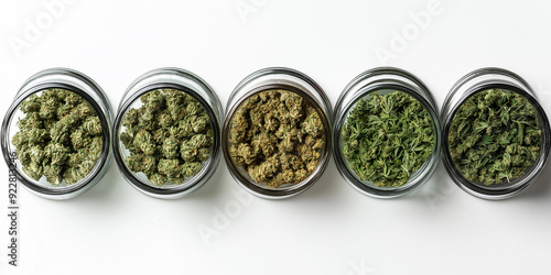 Five glass jars containing different strains of marijuana showing different colors of green and brown photo