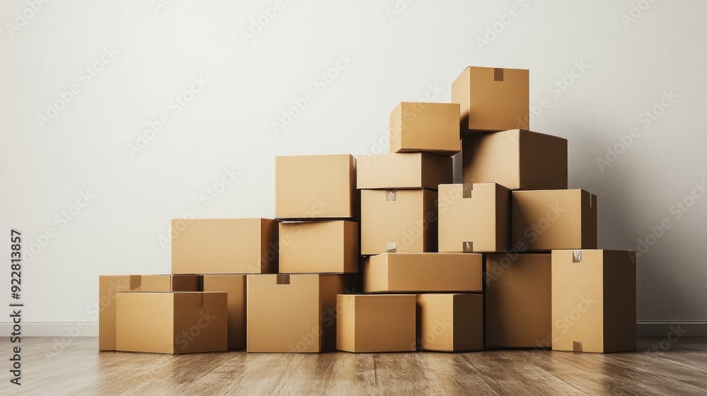 Obraz premium A stack of cardboard boxes is piled up against a wall. The boxes are of different sizes and are piled on top of each other. The scene gives off a sense of organization and preparation