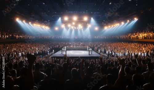 A large crowd of people cheering in front of a boxing ring in an arena like venue with colorful and bright lights, filled with cheers and excitement, fighting event, professional shot photography