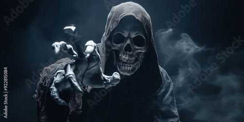 The Grim Reaper, with a skull face, reaches out with a skeletal hand in a dark, smoky environment, creating a terrifying atmosphere