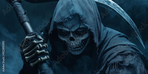 The Grim Reaper, a figure of death, holding a scythe in a dark and ominous environment, creating a chilling atmosphere