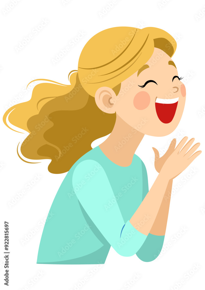 Cheerful screaming girl with blond hair in blue t-shirt, vector SVG drawing