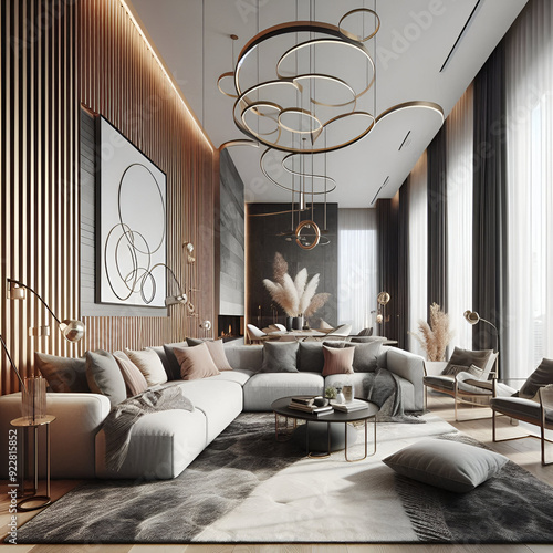 Modern Scandinavian Beige Colors Interior Design of a Stylish Fashionable Luxury Elegant Living Room Apartment, Comfortable Sofa, Table Mid-Century Furniture Cozy Carpet Wooden Floor Home House Plants