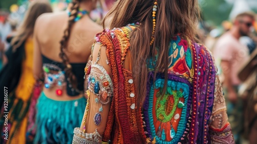 A group of festival-goers wearing vibrant, intricately decorated outfits strolls together in a lively outdoor setting.