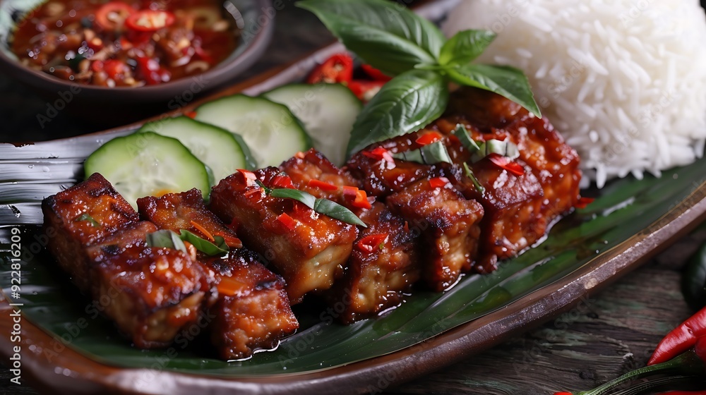 A beautifully arranged dish of tempeh bacem with sweet marinated tempeh, steamed rice, spicy sambal, and garnished with cucumber and basil leaves for a delicious Indonesian meal A beautifully arranged dish of tempeh bacem with sweet marinated tempeh, steamed rice, spicy sambal, and garnished with cucumber and basil leaves for a delicious Indonesian meal