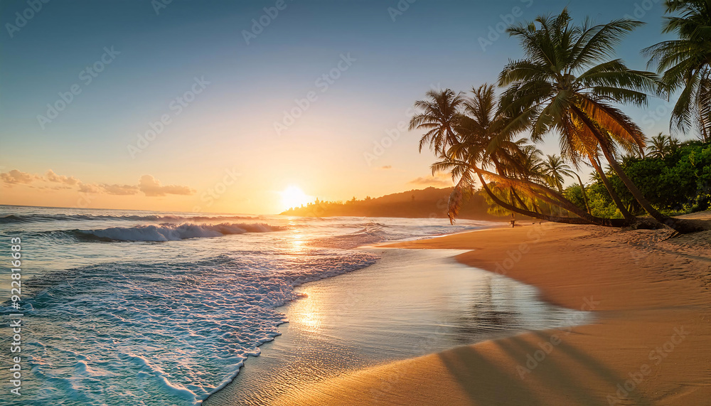 Fototapeta premium Serene sunset paints the sky with vibrant hues as palm trees sway gently on a pristine beach. Generative AI
