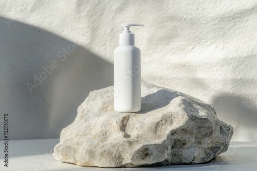 A minimalist white pump bottle is showcased on a textured stone surface, ideal for displaying highquality skincare or beverage products in an artistic and attentiongrabbing setting photo