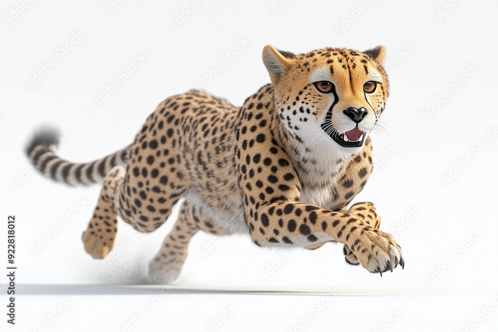 Fototapeta premium Cute Cheetah in Mid-Sprint: A cheetah running at full speed against a white background. 