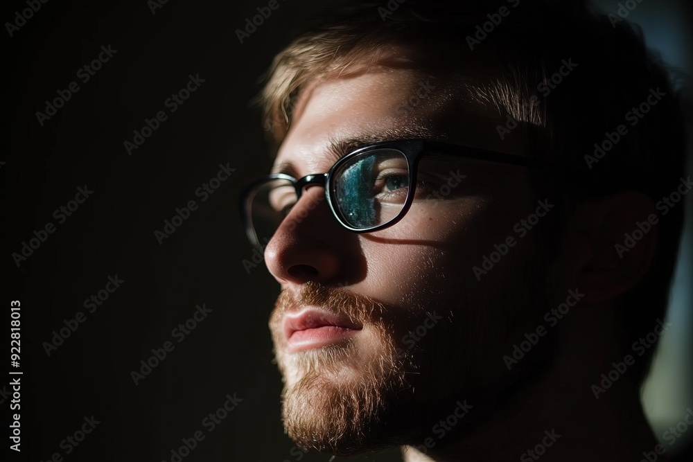 Young man with glasses in warm light, thoughtful expression in a shadowy scene Young man with glasses in warm light, thoughtful expression in a shadowy scene
