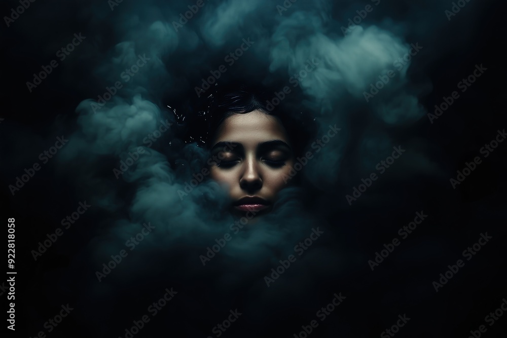 Surreal portrait of a woman surrounded by dark, swirling clouds of smoke Surreal portrait of a woman surrounded by dark, swirling clouds of smoke