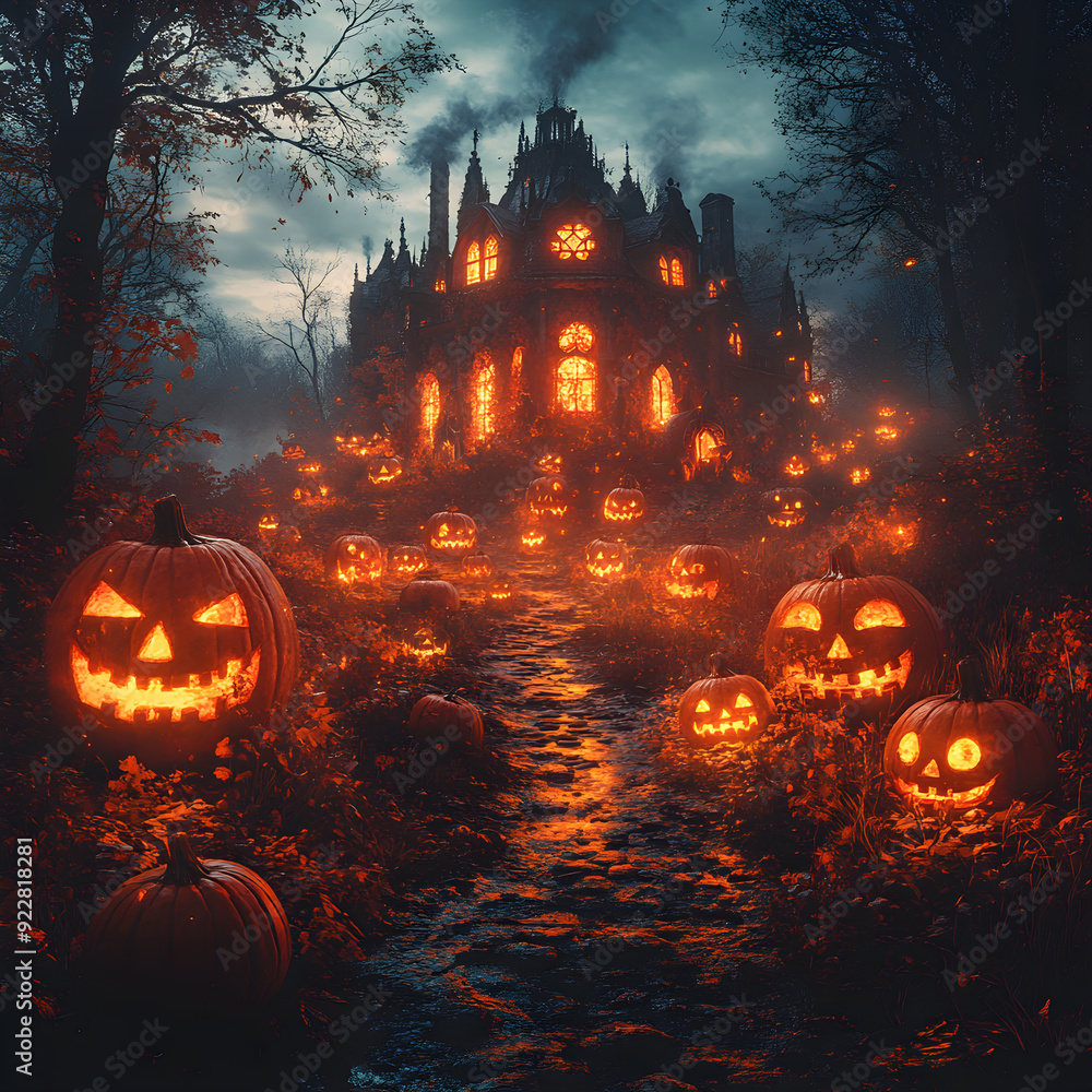 an illustration of Pathway lit by glowing pumpkins leading to gothic mansion an illustration of Pathway lit by glowing pumpkins leading to gothic mansion