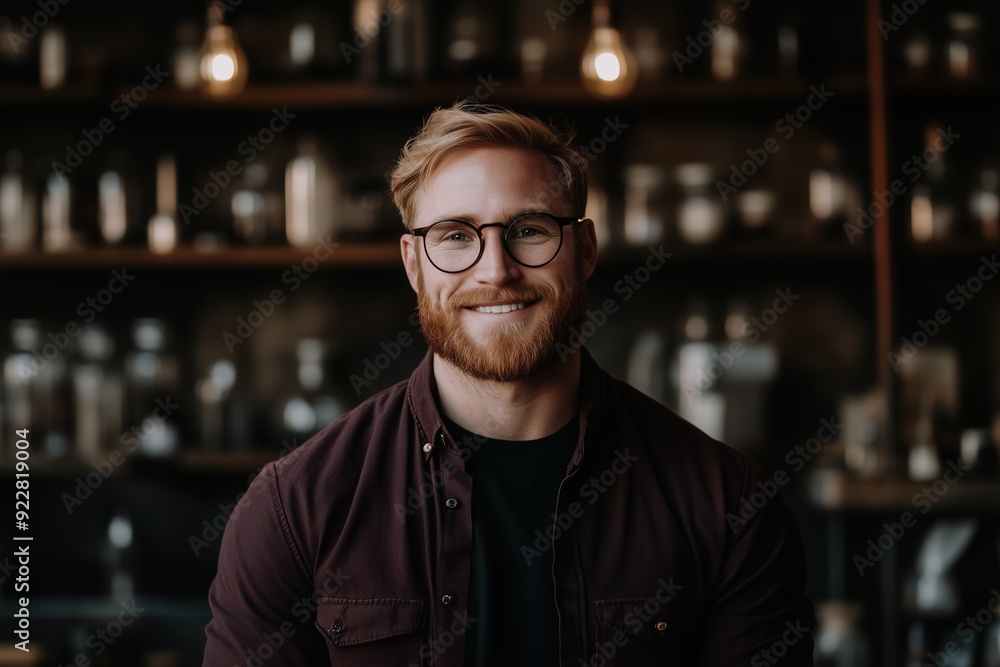 Obraz premium Bearded man with glasses in a warmly lit environment, confident and friendly expression