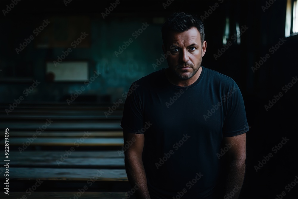 Moody portrait of a Caucasian man in a dimly lit room, serious expression, wearing a black T-shirt. Moody portrait of a Caucasian man in a dimly lit room, serious expression, wearing a black T-shirt.