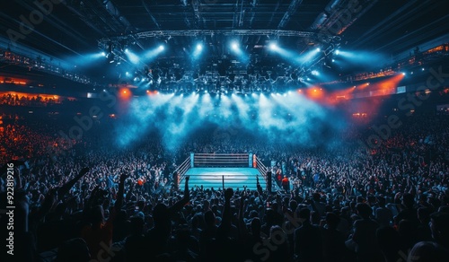 A large crowd of people cheering in front of a boxing ring in an arena like venue with colorful and bright lights, filled with cheers and excitement, fighting event, professional shot photography