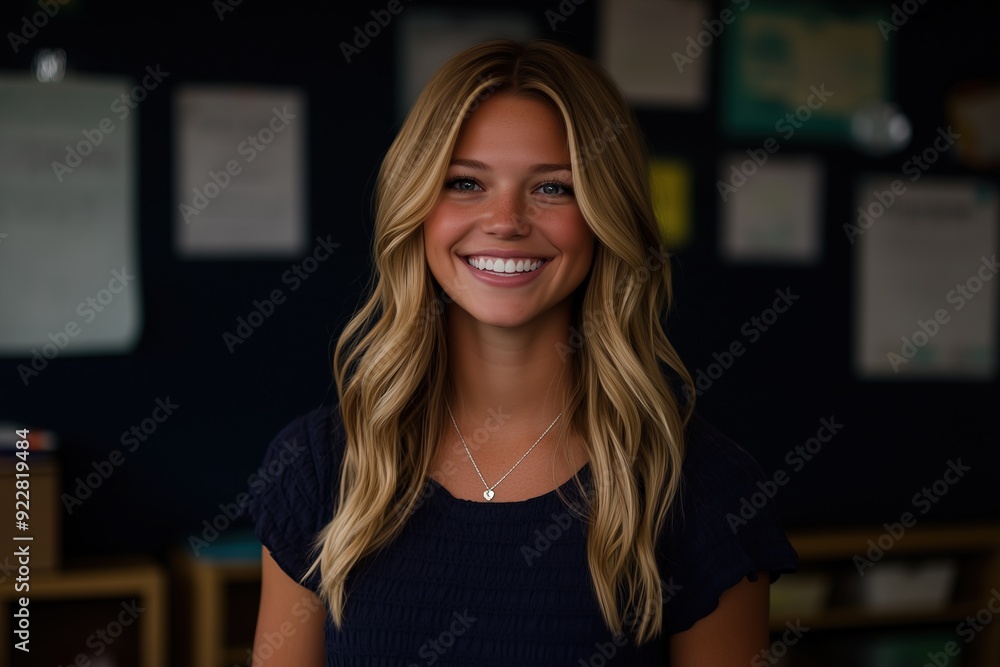 Portrait of a young Caucasian woman with long blonde hair, smiling brightly in a classroom with educational posters. Portrait of a young Caucasian woman with long blonde hair, smiling brightly in a classroom with educational posters.
