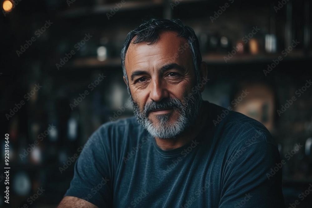 Portrait of a middle-aged Hispanic man with grey hair and a warm smile, sitting confidently in a cozy, dimly lit room. Portrait of a middle-aged Hispanic man with grey hair and a warm smile, sitting confidently in a cozy, dimly lit room.