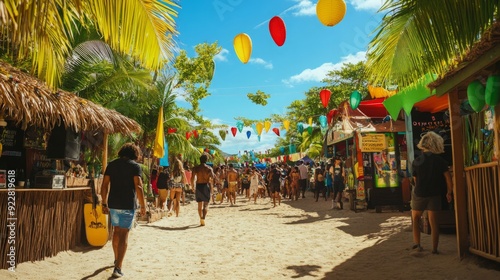 Fototapeta Naklejka Na Ścianę i Meble -  Visitors stroll through a lively market by the beach adorned with vibrant lanterns and palm trees.