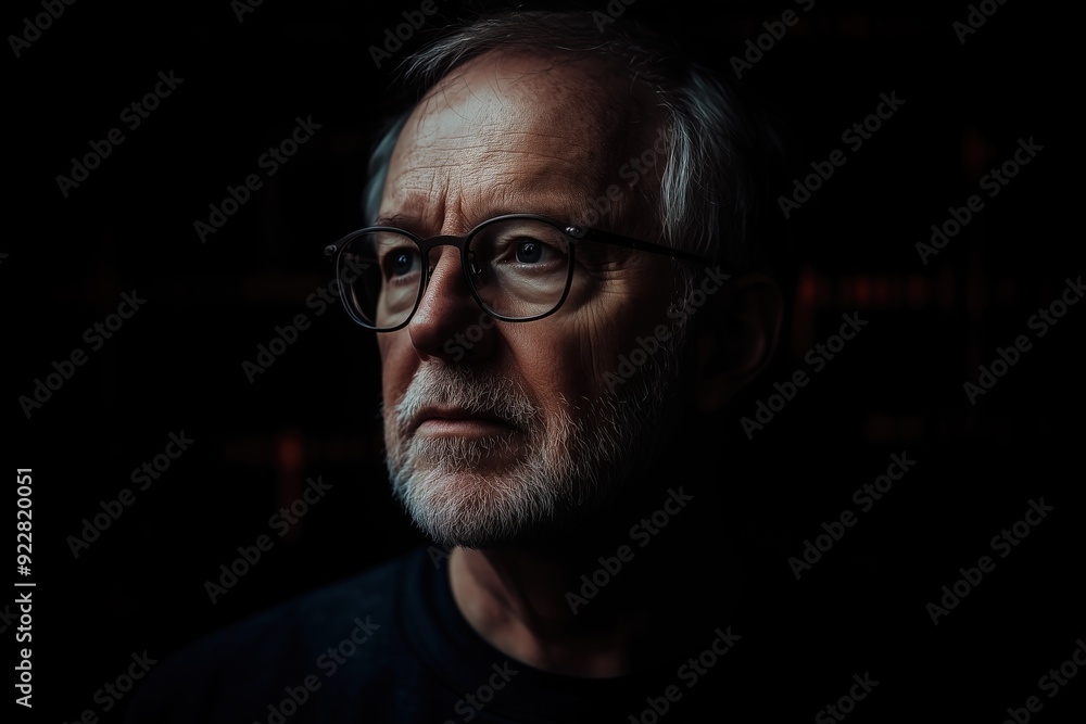 Moody portrait of an older Caucasian man with glasses, serious expression, looking away in a dark room. Moody portrait of an older Caucasian man with glasses, serious expression, looking away in a dark room.