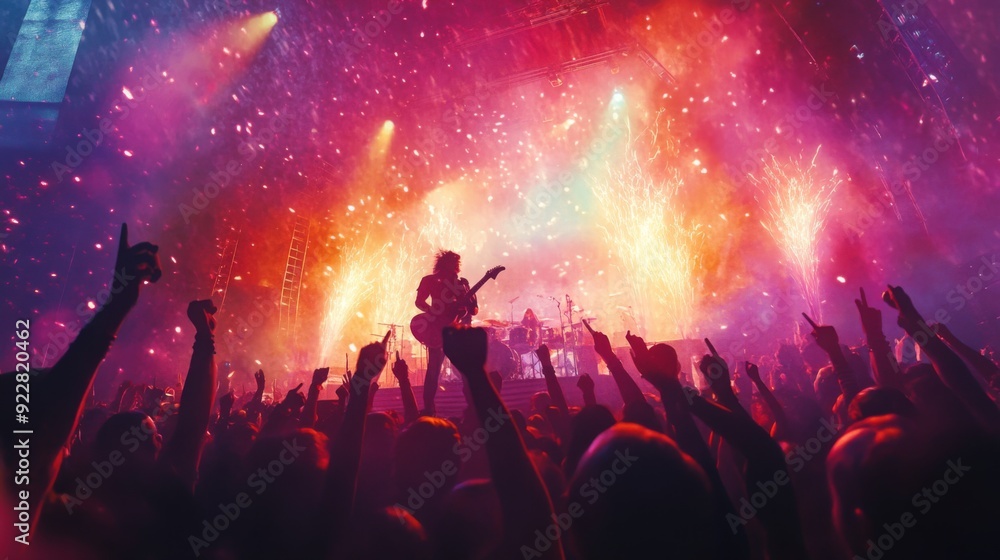 A lively crowd raises their hands in excitement as a band performs on stage, surrounded by colorful lights and fireworks. A lively crowd raises their hands in excitement as a band performs on stage, surrounded by colorful lights and fireworks.