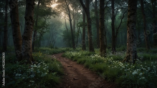 The golden rays of the sun make their way through the trees into the middle of a green forest