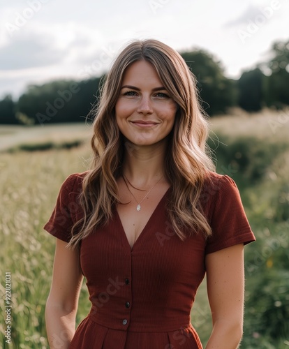 Smiling young woman in a red dress standing in a lush green field, radiating natural beauty and happiness