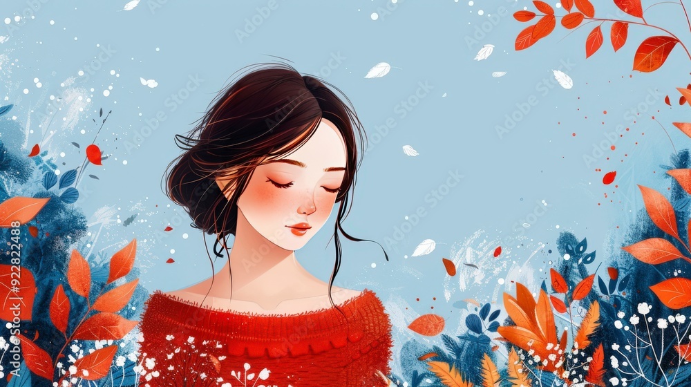 A serene illustration of a woman surrounded by autumn leaves and soft colors. A serene illustration of a woman surrounded by autumn leaves and soft colors.