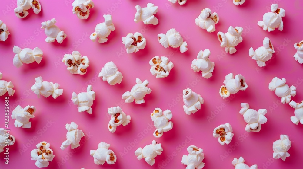 An artistic arrangement of white popcorn scattered across a vibrant pink background, creating a playful and whimsical scene with a focus on texture and color contrast. An artistic arrangement of white popcorn scattered across a vibrant pink background, creating a playful and whimsical scene with a focus on texture and color contrast.