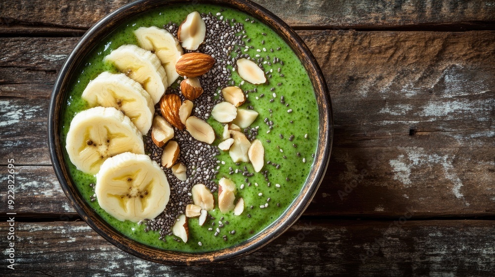 Healthy green smoothie bowl topped with chia seeds, sliced bananas, and nuts. Top view on a rustic wooden background. Healthy green smoothie bowl topped with chia seeds, sliced bananas, and nuts. Top view on a rustic wooden background.