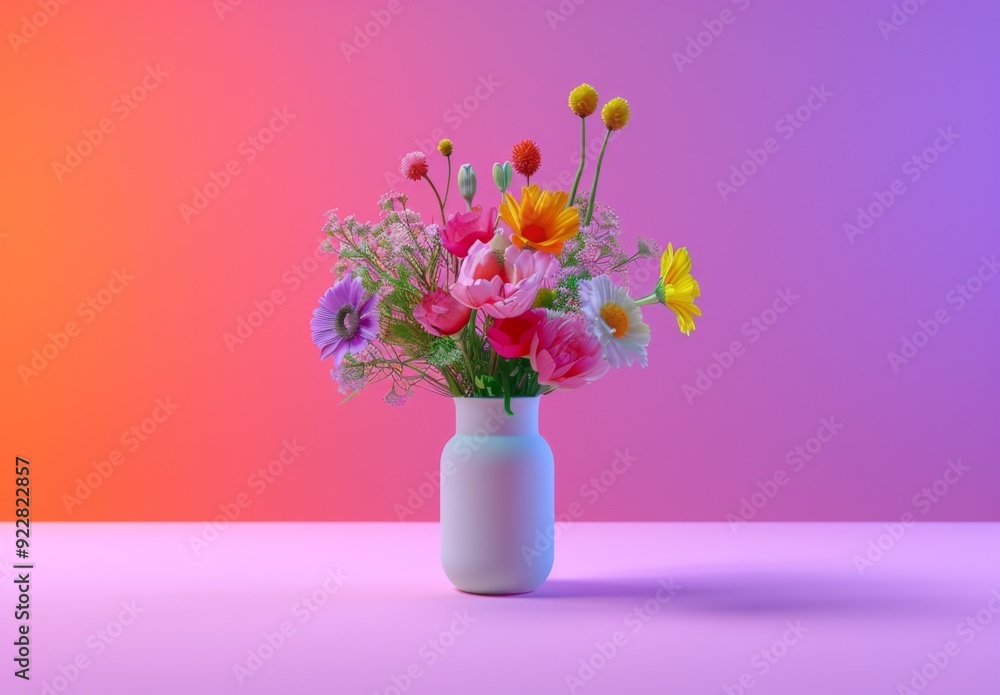Fototapeta premium A beautiful bouquet of mixed flowers, including daisies, roses, and baby’s breath, arranged in a white vase against a vibrant gradient background from orange to pink.