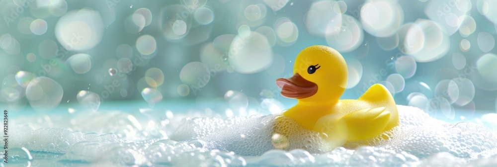 A solitary yellow rubber duck adrift in a tub overflowing with bubbles. A solitary yellow rubber duck adrift in a tub overflowing with bubbles.
