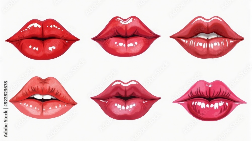 Vibrant Lipstick Illustrations Featuring Six Different Pouting Lips in Various Shades Vibrant Lipstick Illustrations Featuring Six Different Pouting Lips in Various Shades