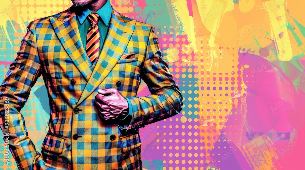 Obraz premium A vibrant image featuring a man in a colorful checkered suit, set against an equally striking background with bright colors and patterns, showcasing bold fashion and artistic expression.