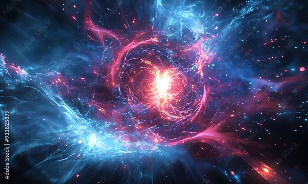 Fototapeta premium Digital Storm of Light Particles and Code Fragments, Converging to Form Glowing Central Core, AI's Energy