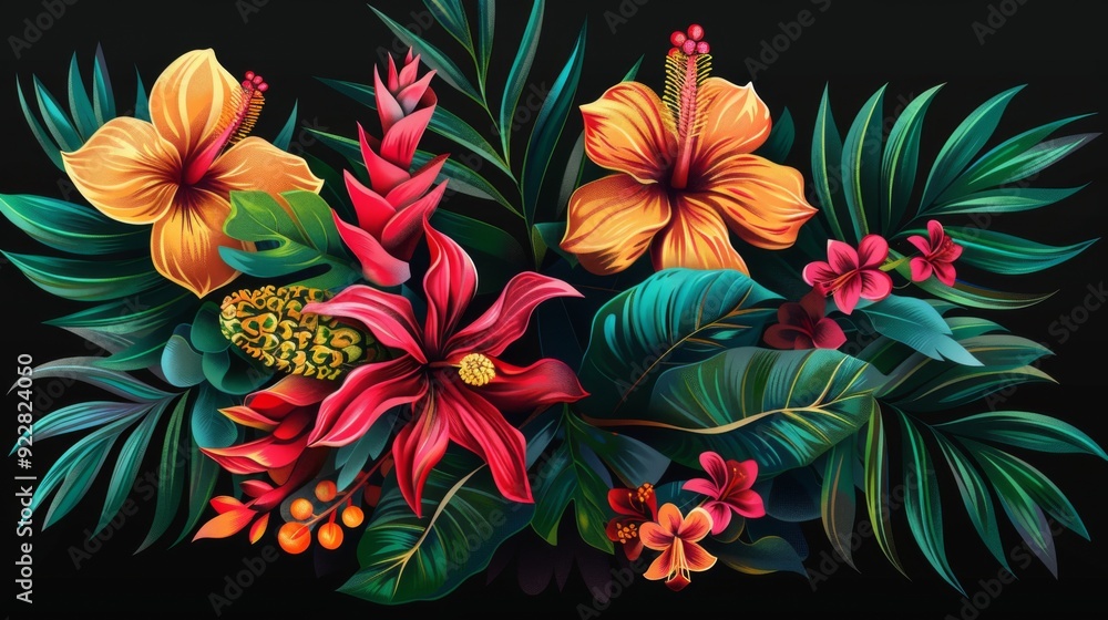 A vibrant arrangement of tropical flowers featuring lush green foliage, showcasing the beauty and richness of nature in an artistic and lively display. A vibrant arrangement of tropical flowers featuring lush green foliage, showcasing the beauty and richness of nature in an artistic and lively display.