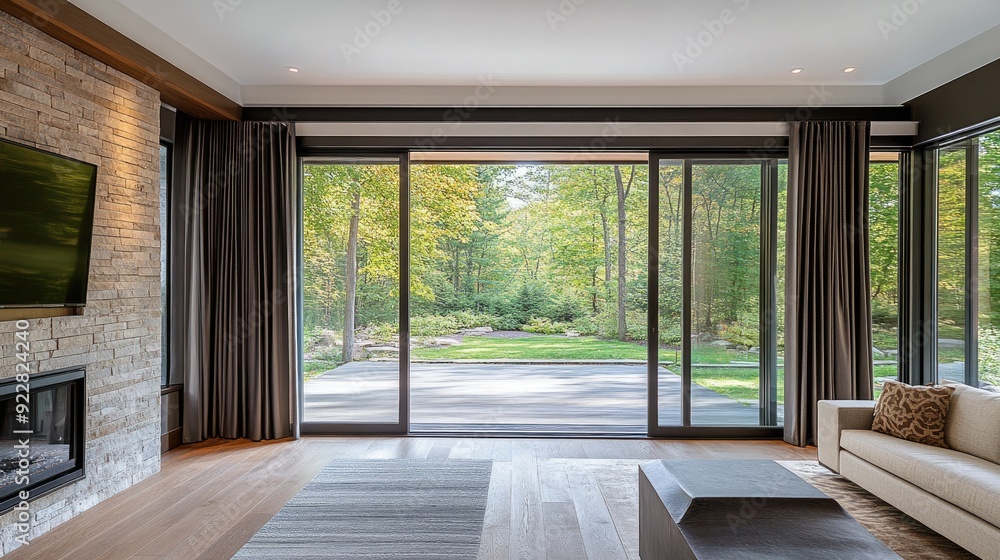 Large sliding glass doors with blackout curtains, offering privacy and light control in a modern home. Large sliding glass doors with blackout curtains, offering privacy and light control in a modern home.