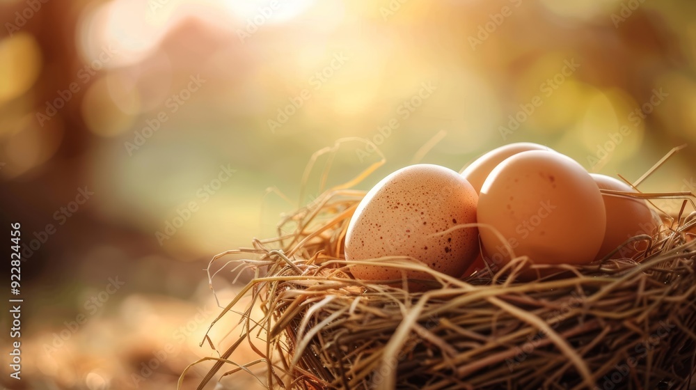 Three speckled eggs rest in a nest surrounded by golden morning light, representing freshness, new beginnings, and nature's simplicity.. Three speckled eggs rest in a nest surrounded by golden morning light, representing freshness, new beginnings, and nature's simplicity..