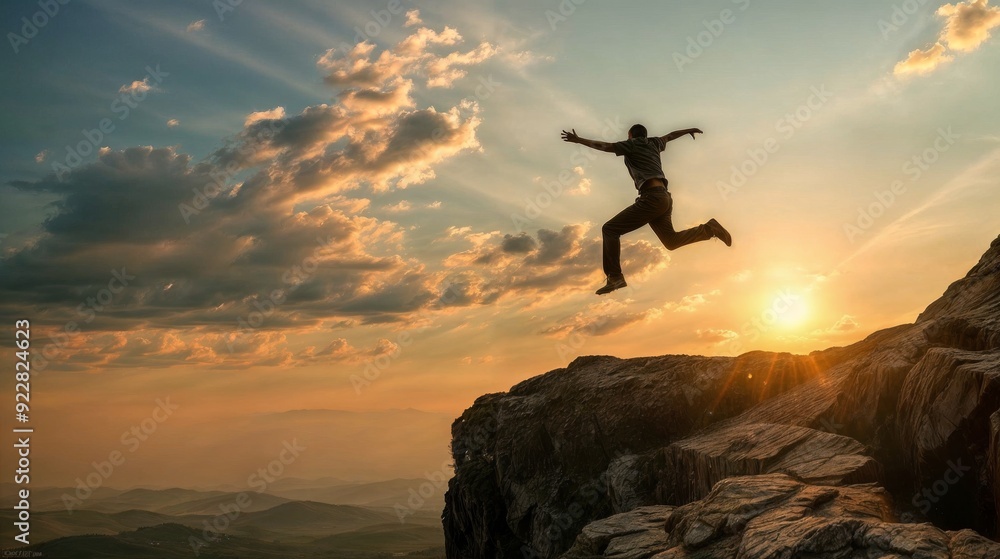 A man jumps across a cliff during sunset, symbolizing courage, risk-taking, and the pursuit of goals with determination and adventure.. A man jumps across a cliff during sunset, symbolizing courage, risk-taking, and the pursuit of goals with determination and adventure..