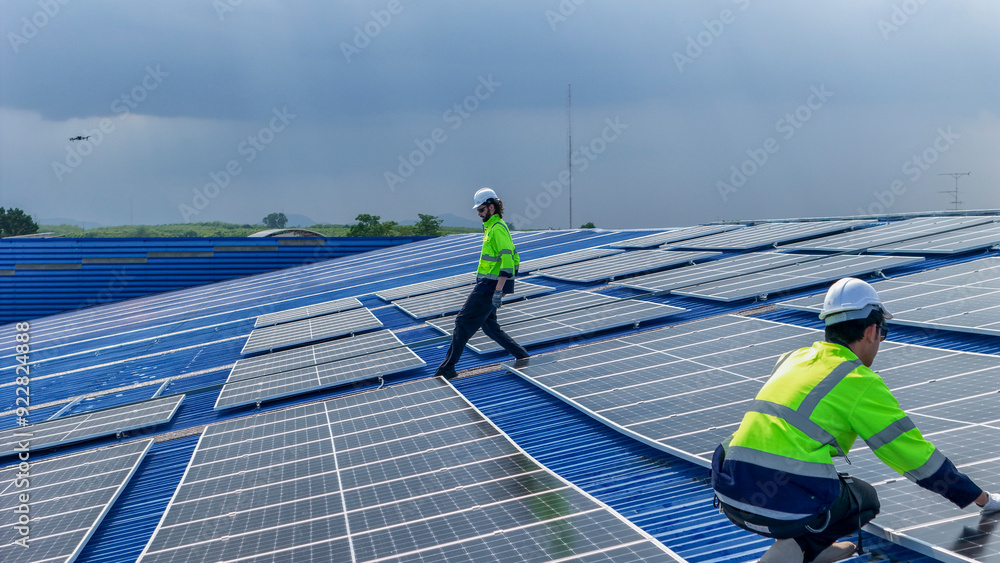 Worker Technicians are working to construct solar panels system on roof. Installing solar photovoltaic panel system. Men technicians walking on roof structure to check photovoltaic solar modules. Worker Technicians are working to construct solar panels system on roof. Installing solar photovoltaic panel system. Men technicians walking on roof structure to check photovoltaic solar modules.