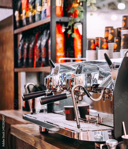 Professional coffee machine ready for service in a bar of coffee shop.