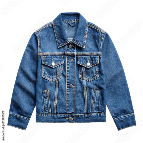 Classic blue denim jacket with buttons, pockets, collar and long sleeves. Fashionable clothing item. photo