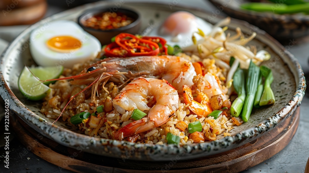 Savory seafood fried rice featuring shrimp, squid, and fish, served with a fried egg and garnished with crispy shallots and green onions on a charming rustic plate Savory seafood fried rice featuring shrimp, squid, and fish, served with a fried egg and garnished with crispy shallots and green onions on a charming rustic plate