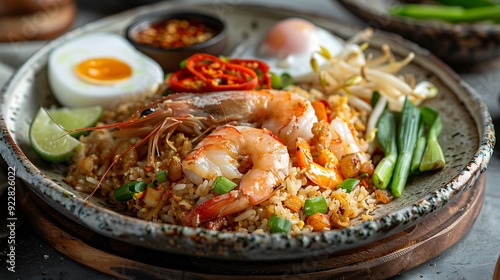 Savory seafood fried rice featuring shrimp, squid, and fish, served with a fried egg and garnished with crispy shallots and green onions on a charming rustic plate