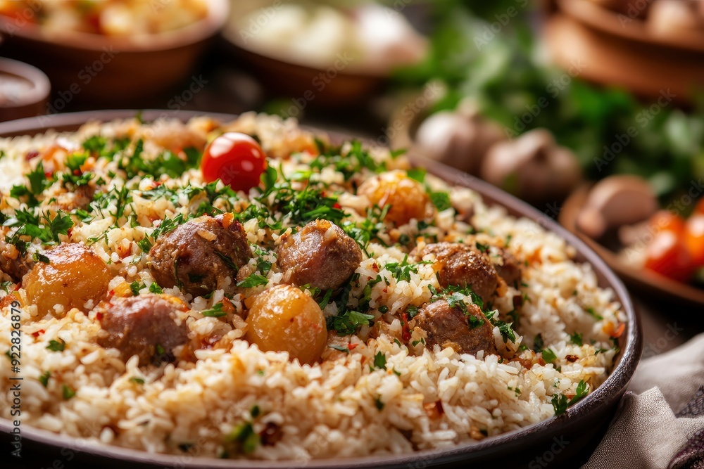 Kabsa, hummus, maqluba, maqluba, tabbouleh close-up, rice and meat dish, middle eastern national traditional food. Muslim family dinner, Ramadan, iftar. - generative ai Kabsa, hummus, maqluba, maqluba, tabbouleh close-up, rice and meat dish, middle eastern national traditional food. Muslim family dinner, Ramadan, iftar. - generative ai