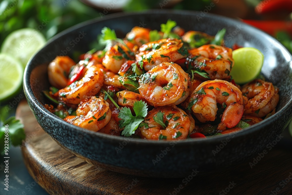 Spicy shrimp dish with lime and cilantro, served in a bowl with fresh herbs and spices Spicy shrimp dish with lime and cilantro, served in a bowl with fresh herbs and spices