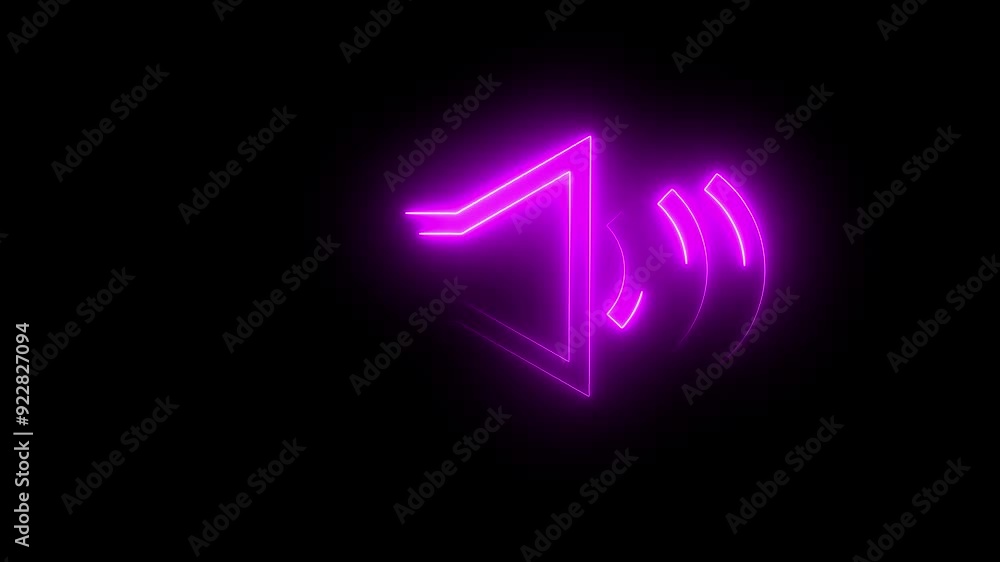 Glowing neon purple sound icon audio music speaker animation on black background. Glowing neon purple sound icon audio music speaker animation on black background.