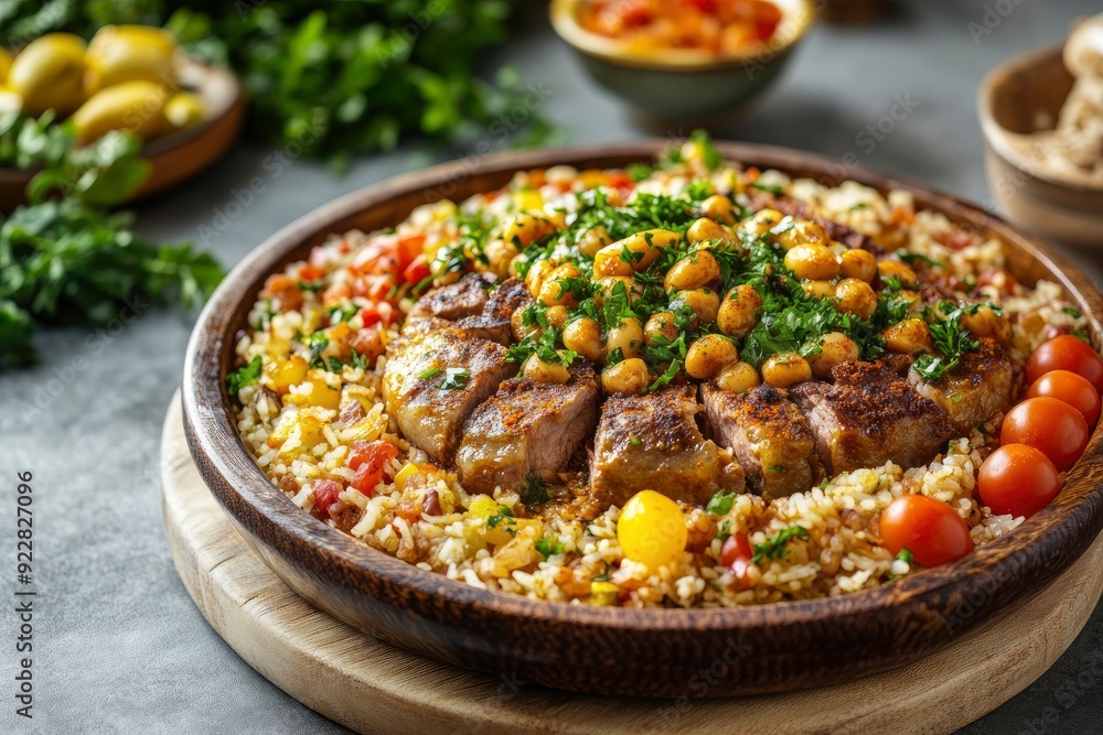 Kabsa, hummus, maqluba, maqluba, tabbouleh close-up, rice and meat dish, middle eastern national traditional food. Muslim family dinner, Ramadan, iftar. - generative ai Kabsa, hummus, maqluba, maqluba, tabbouleh close-up, rice and meat dish, middle eastern national traditional food. Muslim family dinner, Ramadan, iftar. - generative ai