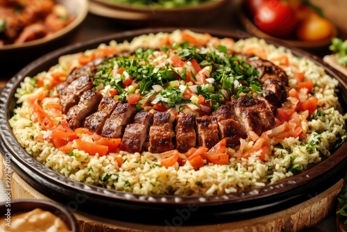 Kabsa, hummus, maqluba, maqluba, tabbouleh close-up, rice and meat dish, middle eastern national traditional food. Muslim family dinner, Ramadan, iftar. - generative ai