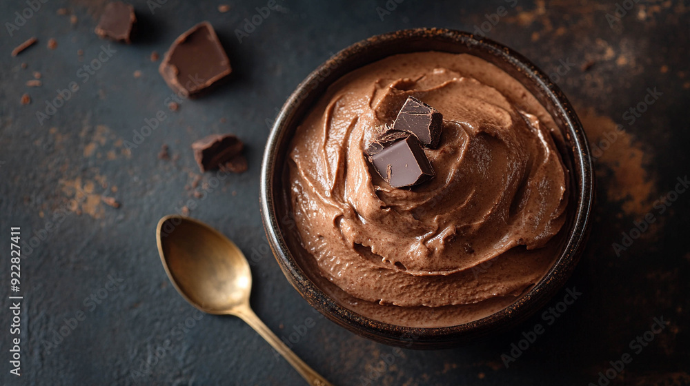 Delicious chocolate mousse dessert on a bowl close-up